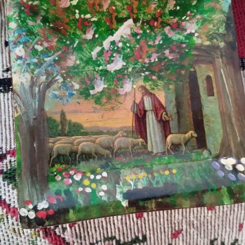 Painted plate with religious theme 9×9cm