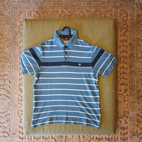 Champion Polo Shirt Easy Fit Size L Light Blue Striped Like New