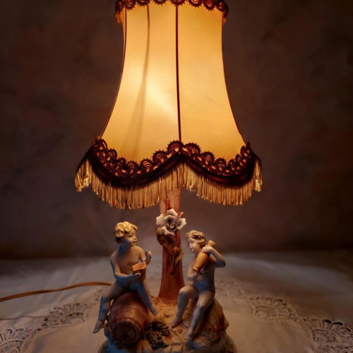 Bassano Porcelain Table Lamp with Romantic Cherubs, Like New