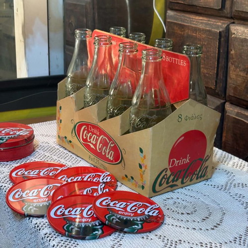 Coca Cola 8 glass bottles with 6 coaster set gift