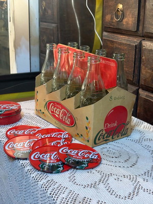 Coca Cola 8 glass bottles with 6 coaster set gift