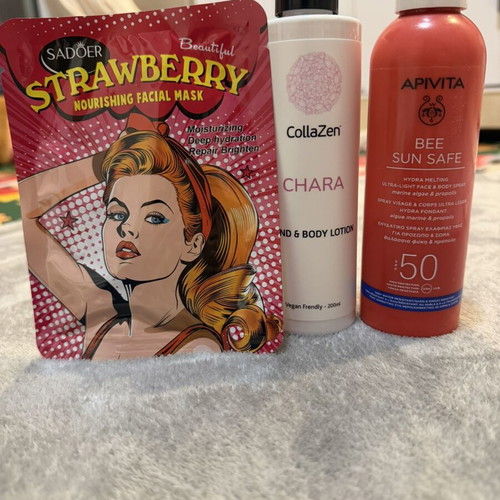 Apivita Bee Sun Safe Spray SPF50 and CollaZen Chara Lotion set with Sadoer Strawberry mask