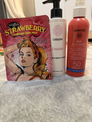 Apivita Bee Sun Safe Spray SPF50 and CollaZen Chara Lotion set with Sadoer Strawberry mask
