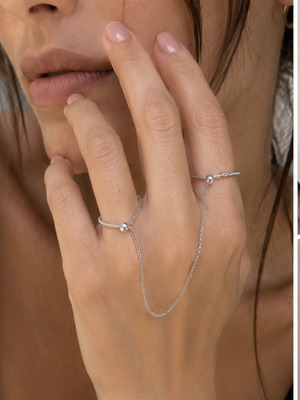 Silver hand chain with rings, modern designer style