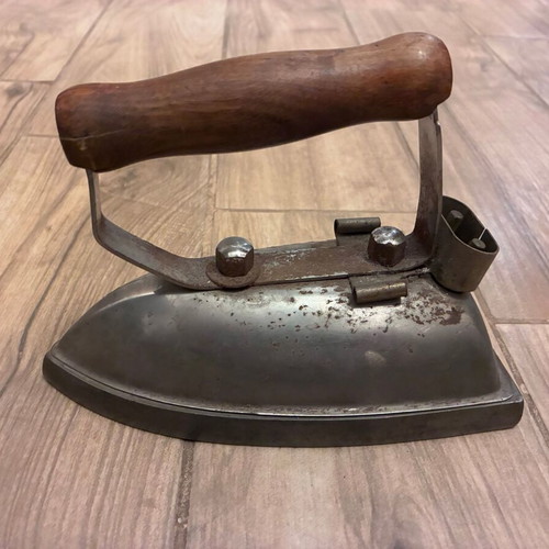 Antique Charcoal Iron with Wooden Handle used, vintage collectible