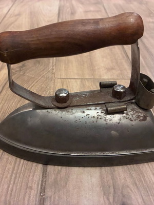 Antique Charcoal Iron with Wooden Handle used, vintage collectible