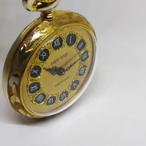 Pocket watch Herma Antichoc 1950-60 used, winding, gold-plated