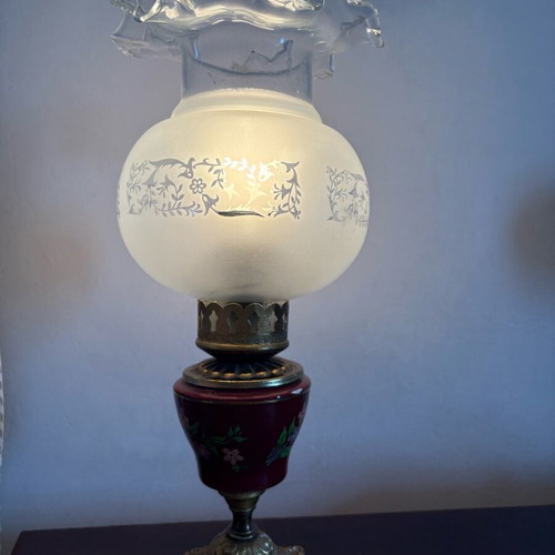 Vintage table lamp used with matte glass shade and porcelain base