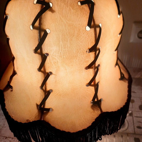 Set of 2 Vintage 70s Boho Lamps with Burgundy Fringe