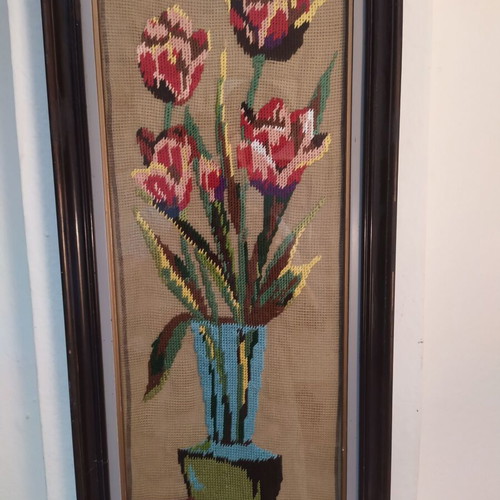 Vintage embroidered tulips textile painting 60x27 cm like new