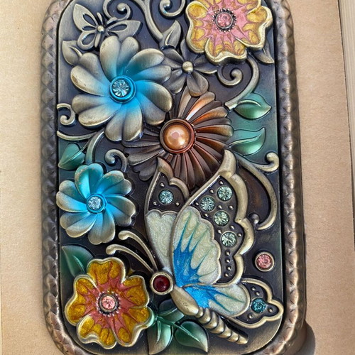 Portable mirror with copper case and enamelled lid, new