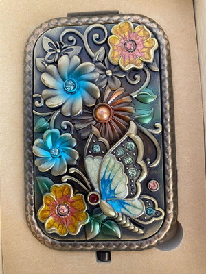 Portable mirror with copper case and enamelled lid, new