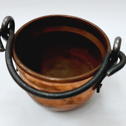 French copper cauldron hand hammered with forged iron handle, like new
