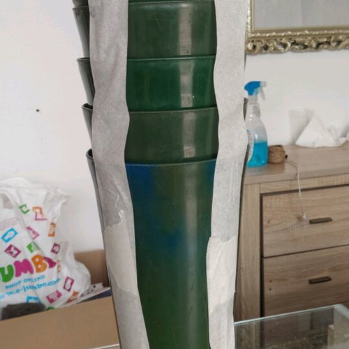 Plastic flower shop vases and buckets used, 4 large vases, 2 small vases, 1 large bucket