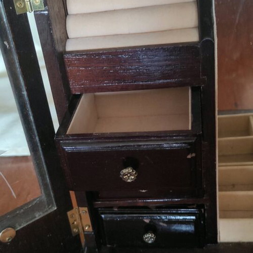 Jewelry cabinet used, wooden with wind-up music box