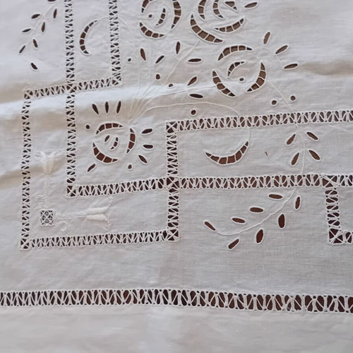Handmade white large cutwork tablecloth 1x1 French linen