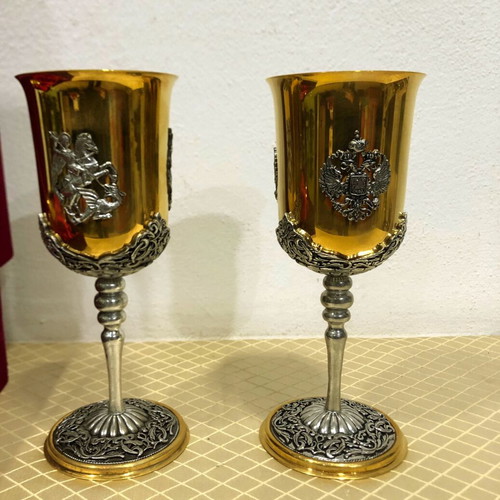 Russian handmade brass wine goblets in velvet case like new
