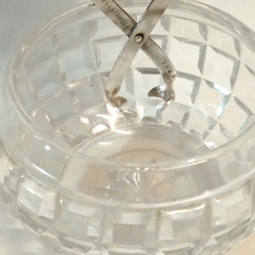 Antique English handmade sugar bowl from 1920s with silver-plated lid and tongs