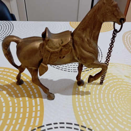 Vintage bronze horse with removable saddle and chain