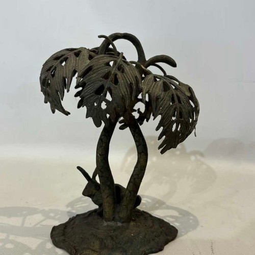 Brass sculpture rabbit under palm used, vintage 18x13