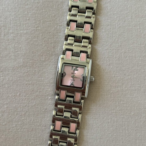 QBOS limited edition quartz watch with earrings and ring with pink accents like new