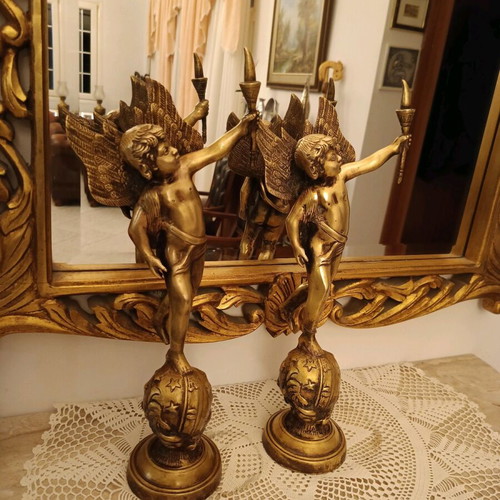 Bronze antique statues pair like new, winged angels with torches 1820
