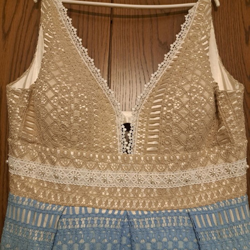 Maxi evening dress, plus size, beige and blue
