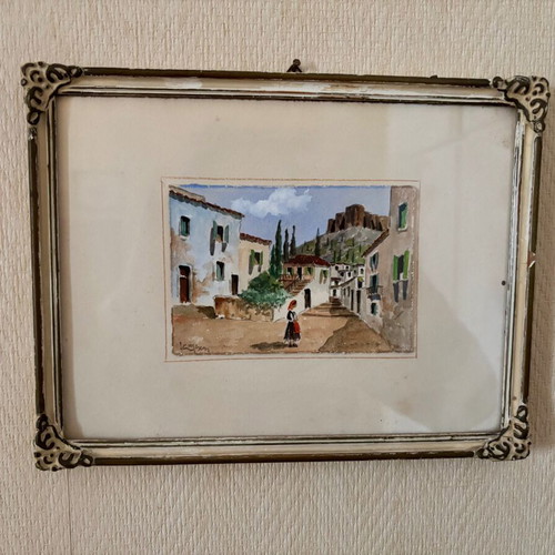 Watercolor painting used, 20th century village houses