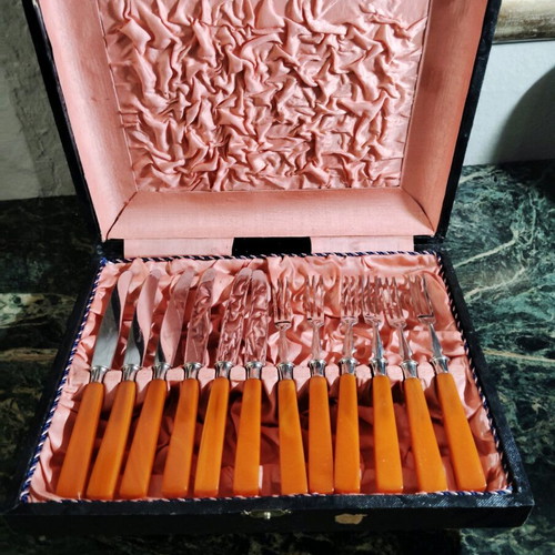Vintage Art Deco fruit cutlery set used, 1930's
