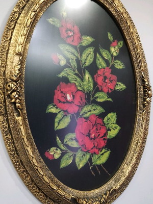 Large oval embroidered textile painting used 90x65