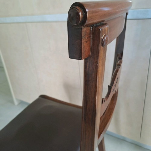 Dining chairs and armchairs used, handmade solid walnut set of 8, Corfu style with leather upholstery