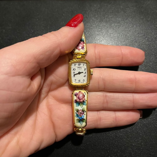 Vintage Chaika ladies watch used, gold plated with hand painted porcelain dial