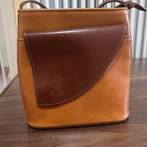 Vera Pelle Italian leather crossbody bag, two-tone brown and tan