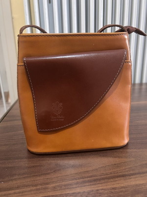 Vera Pelle Italian leather crossbody bag, two-tone brown and tan