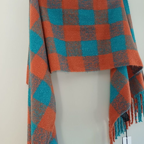 Women's winter scarf orange and turquoise with fringes