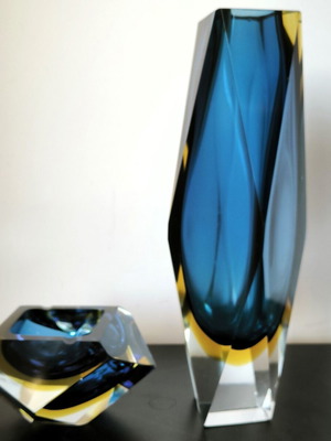 Sommerso Murano Cobalt Blue vase and ashtray used