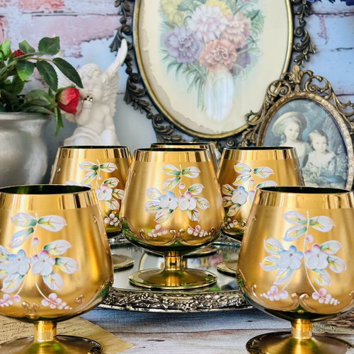 Vintage set of 6 green crystal glasses with gold decoration