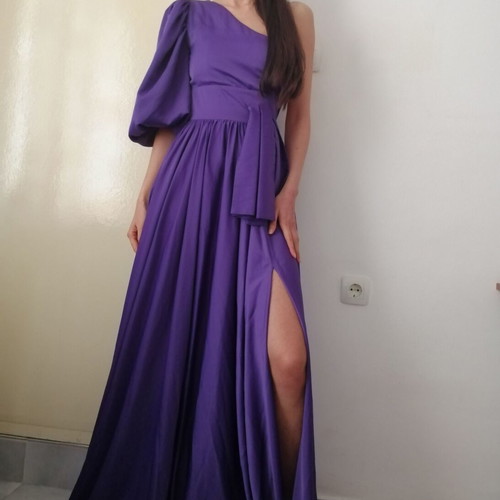 Actualee long purple evening dress XS with one shoulder and puff sleeve