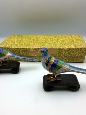 Vintage cloisonne bird set with bases and box