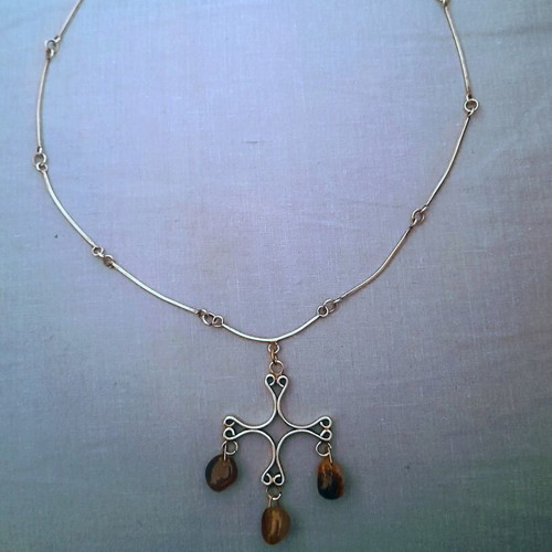 Retro 70s silver cross necklace with genuine agate stones used