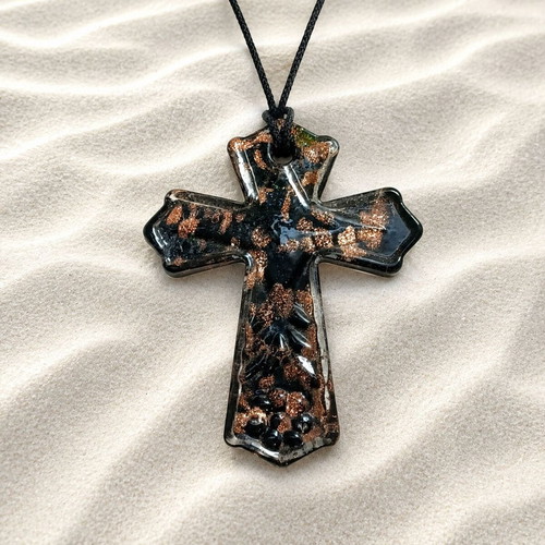 Murano Glass Necklace with Leather Strap new, black and gold