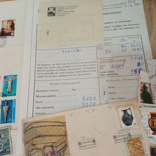 Vintage Greek Stamp Collection with Covers and Philatelist Receipts used