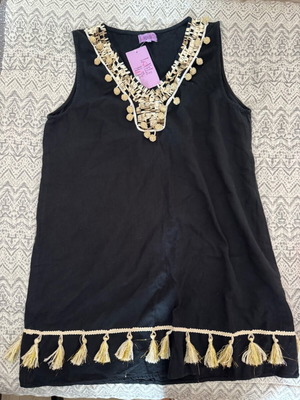 Black Caftan with Gold Sequins, New, 100% Cotton