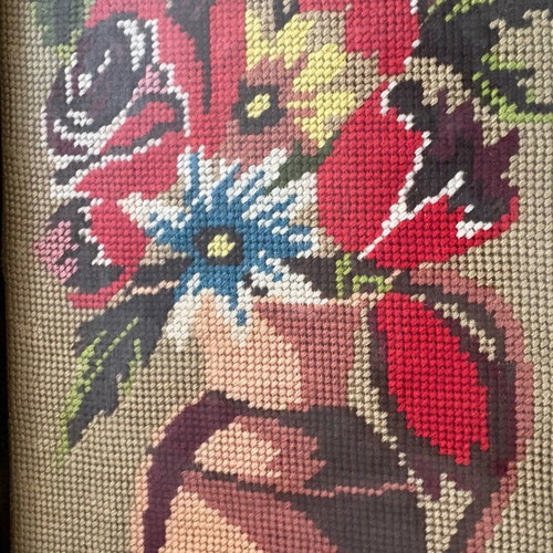 Vintage embroidery on canvas with floral vase, used