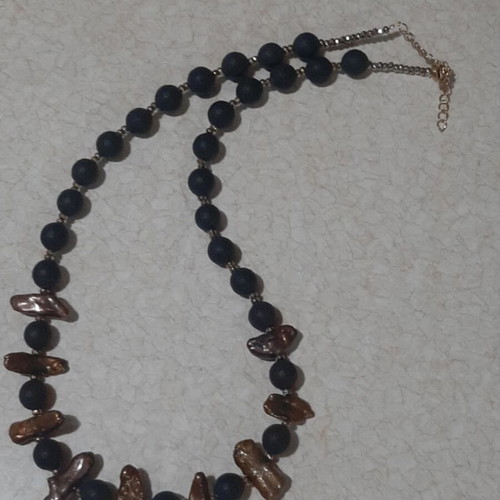 Necklace black onyx matte with pearls and hematite in steel new