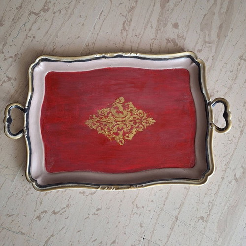 Vintage metal serving tray like new with gold damask motif