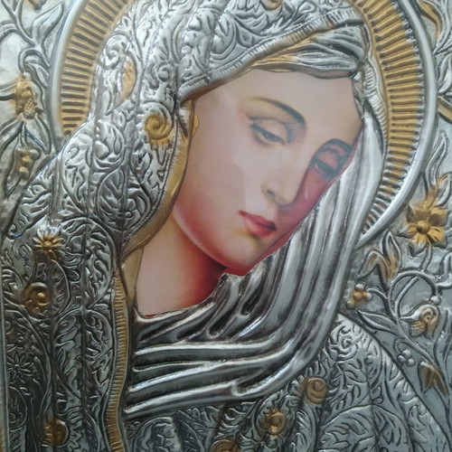 Panagia Thlimmeni icon new, made of noble metals with glass