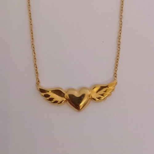 Bella stainless steel necklace with gold-tone heart and angel wings pendant