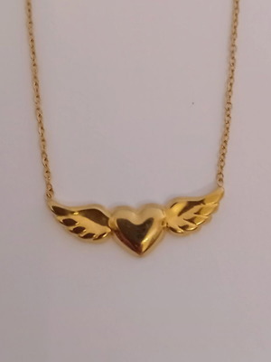 Bella stainless steel necklace with gold-tone heart and angel wings pendant