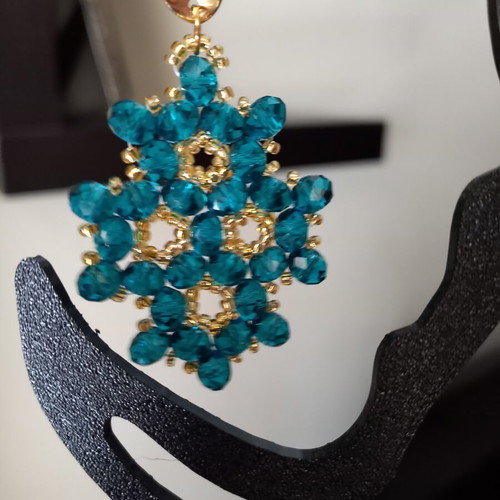Handmade earrings with teal crystal beads and gold stainless steel clasp